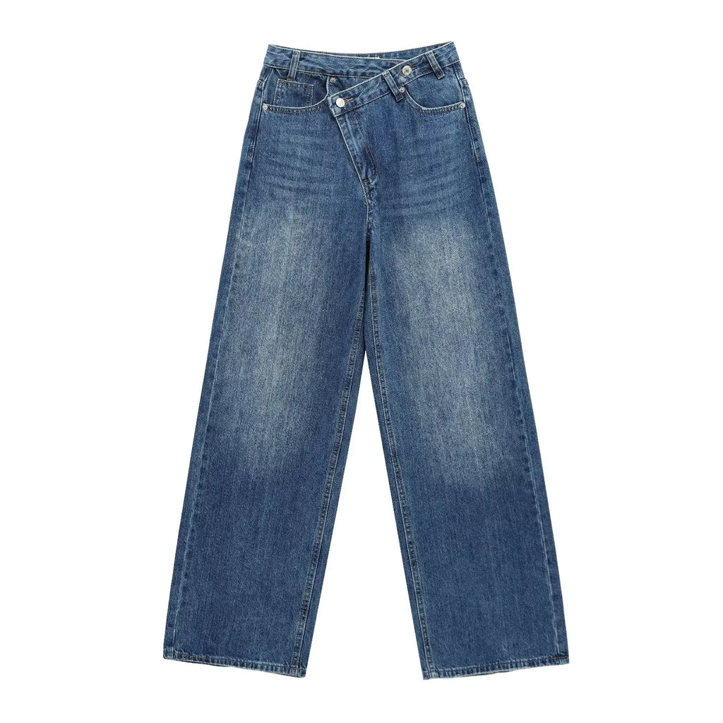 Women's new chic fashion asymmetrical waist design loose high waist wide leg jeans retro side pocket zipper women's denim pants