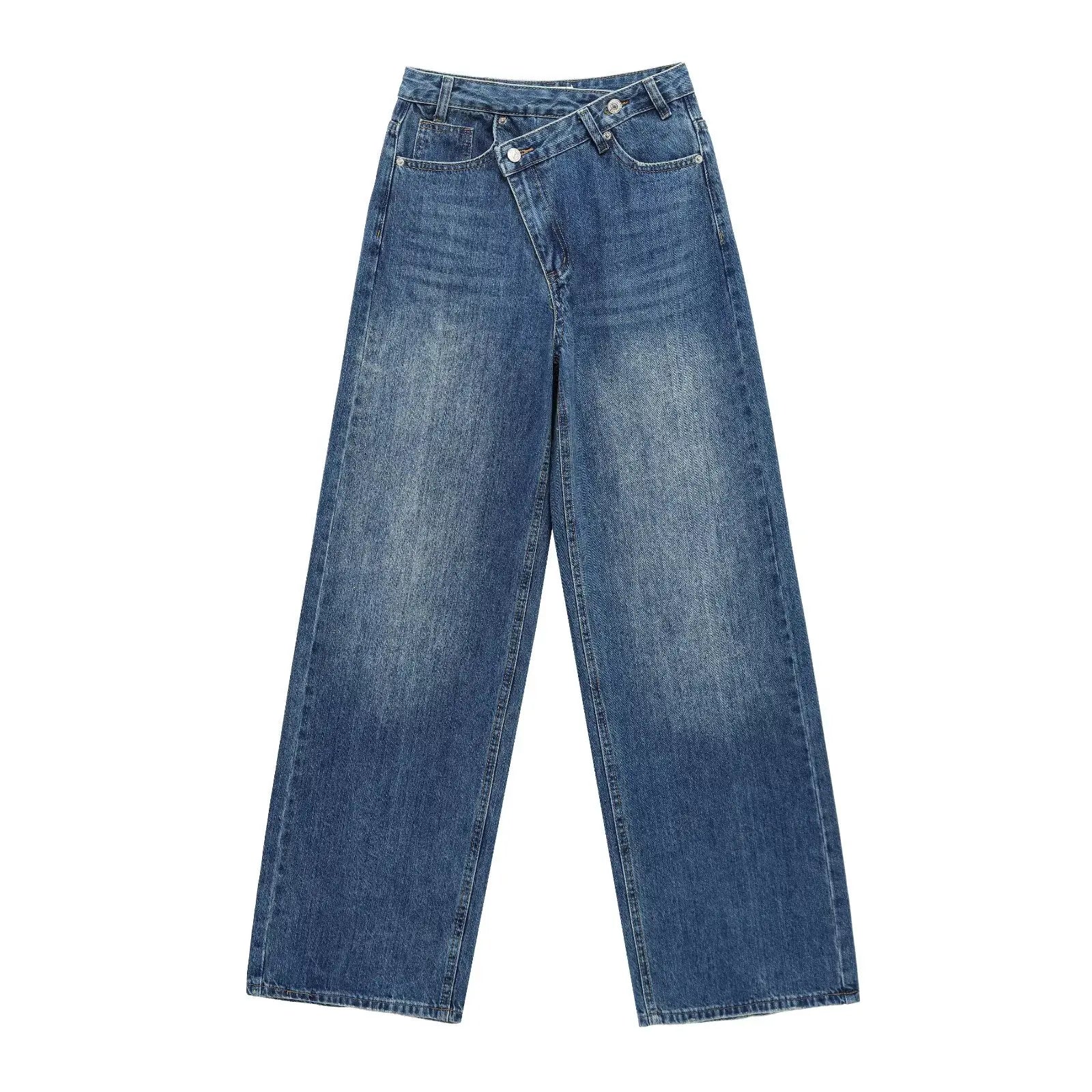 Women's new chic fashion asymmetrical waist design loose high waist wide leg jeans retro side pocket zipper women's denim pants