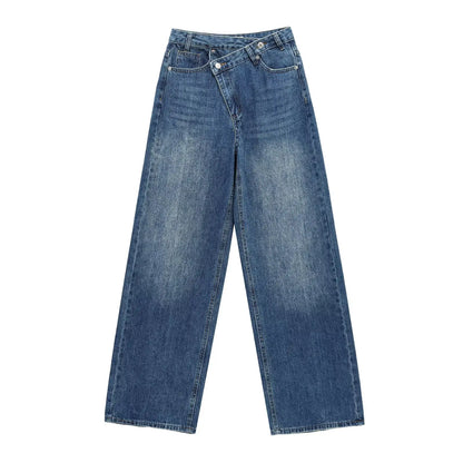 Women's new chic fashion asymmetrical waist design loose high waist wide leg jeans retro side pocket zipper women's denim pants