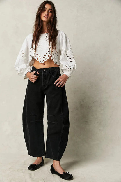 Cotton Denim Long Jeans For Women Trousers Casual  High Waisted Jeans Cropped Pants For Spring Summer Boho Beach Baggy Jeans