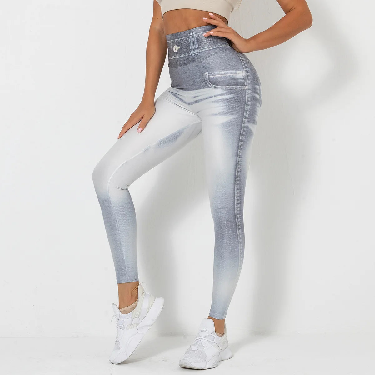 Push Up Yoga Pants Women Fitness Leggings Imitation Jeans Patchwrok Scrunch Tights High Waist Leggings Gym Workout Sport Leggins