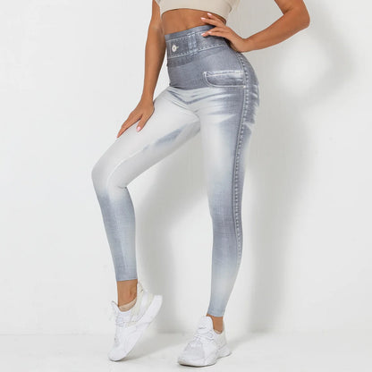 Push Up Yoga Pants Women Fitness Leggings Imitation Jeans Patchwrok Scrunch Tights High Waist Leggings Gym Workout Sport Leggins