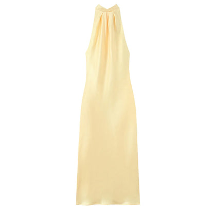 Women Elegant Satin Dress Fashion Lace Up Hanging Collar Long Dresses for Women Solid Sleeveless Midi Dress Lady Evening Dress