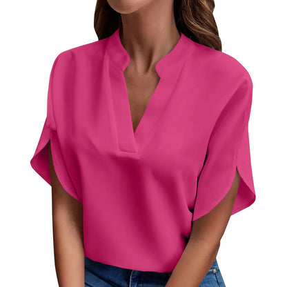 Summer Tops For Women Blouse 2024 Fashion Short Sleeve Solid V Neck Loose Shirts And Blouses Elegant Laies White Tops