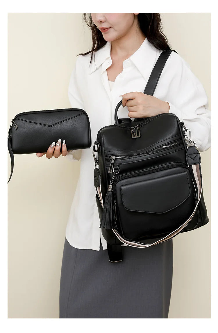 Backpack for Women Large Womens Backpack Leather Travel Fashion Purse Designer Ladies Shoulder Bags with Tassel Two-toned Brown