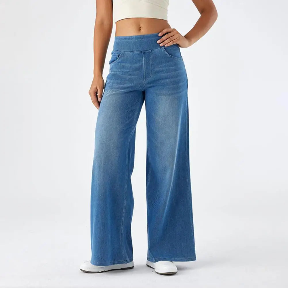 2025 Women Jeans With Pockets Elastic High Waist Solid Color Full Length Pants Straight Wide Leg Pants Baggy Denim Trousers
