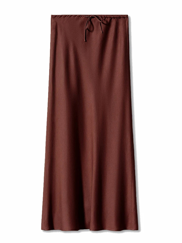 Long Black Satin Skirts Women For Work Summer Autumn Straight Brown Skirt Long Belt Coffee Formal Silk Maxi Skirt For Ladies