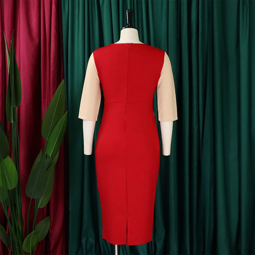 Elegant Church Dresses for Women 2023 New Arrivals Fashion Two Color Patchwork Fitted Ladies Knee Length Formal African Dress
