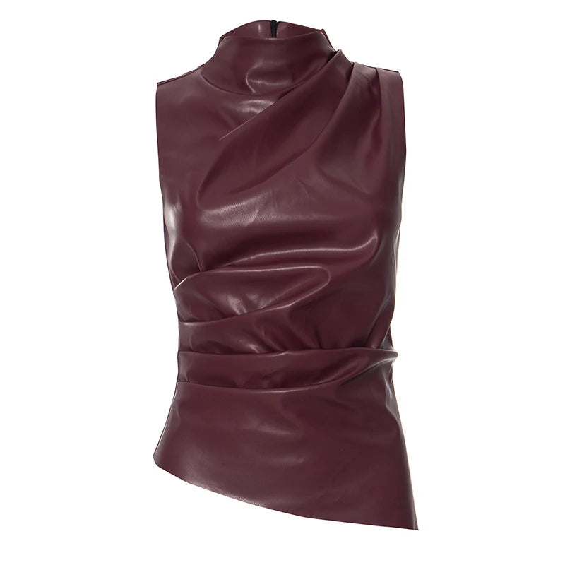 Women Y2K Vintage Pu Simple Basic Tank Top High Waist Skinny Shrunk Slash Cut Sleeveless Tops Versatile Noble Shirts