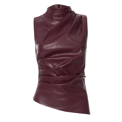 Women Y2K Vintage Pu Simple Basic Tank Top High Waist Skinny Shrunk Slash Cut Sleeveless Tops Versatile Noble Shirts