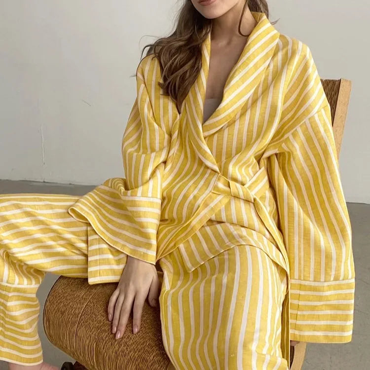 Women's Dress Sets Autumn New Striped Long-sleeved Loose Lace-up Top High-waisted Trousers Fashion Casual Suit for Women