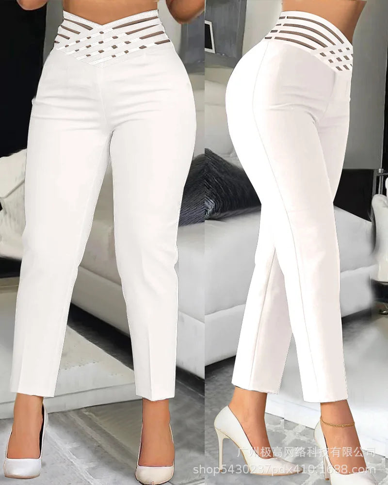 Houndstooth Print High Waist Work Pants Women Plaid Summer Spring Fashion Ankle Length Pants Office Lady