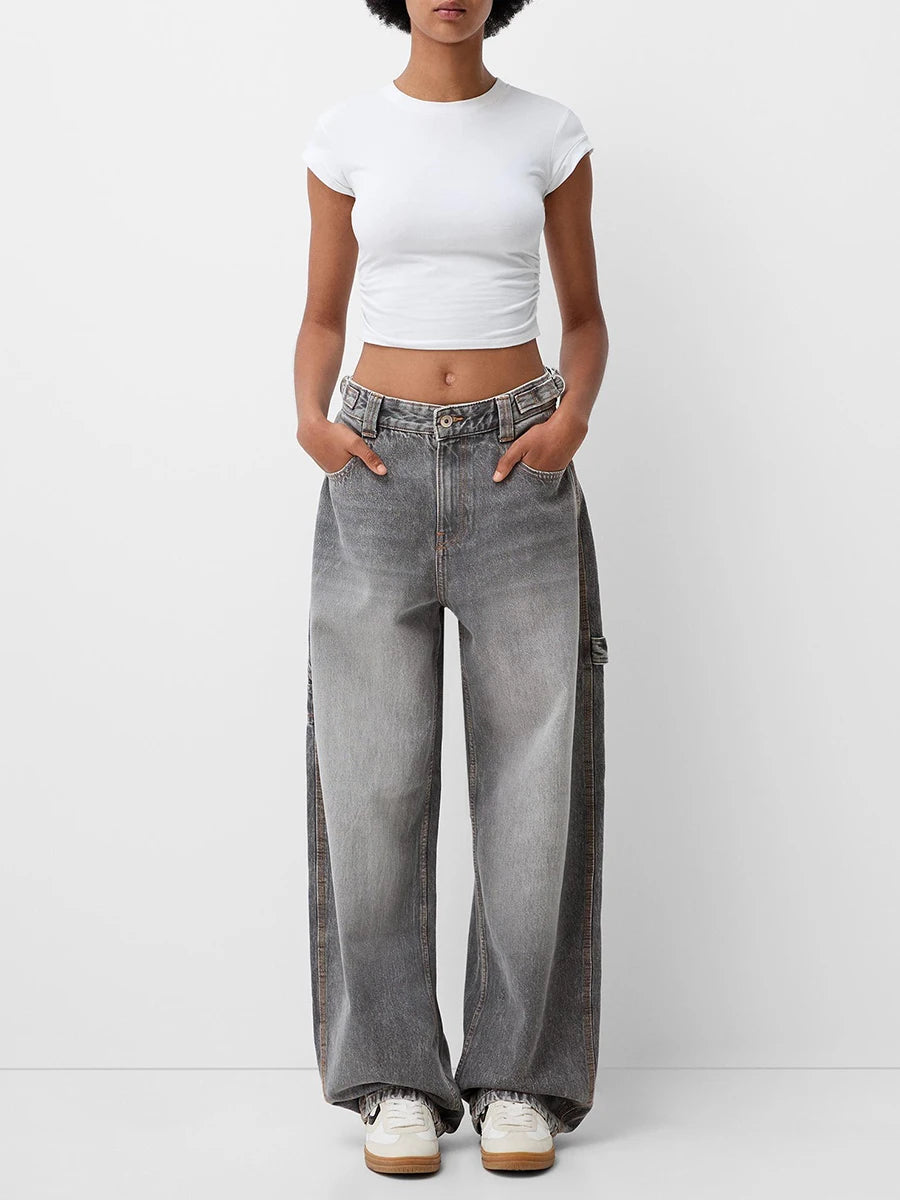 Women Wide Leg Denim Pants Casual Loose Vintage Distressed Jeans Trousers for Work Office Streetwear