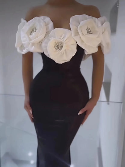 Women Banade Dresses Sexy Big Flowers Off the Shoulder Long Dress Celebrate Evening Party Dress Birthday Party Wedding Outfit