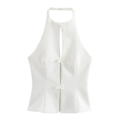 Bow Backless Vest Women Summer Sleeveless Halter Hollow Top Elegant Slim Skirt New Y2k Female Tanks Short Top Office