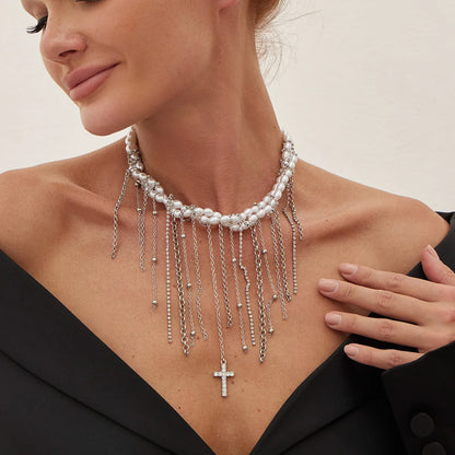 Necklaces for Women Heart-shaped Cross Imitation Pearl Tassel Long Necklace Colliers Femmes Girl Stuff