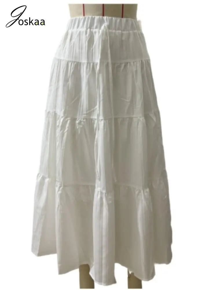 Joskaa Elegant White Skirt Women Hipster Lace-Up Elastic Waist Big Swing Skirts 2025 Summer Female Bottoms Holiday Beachwear