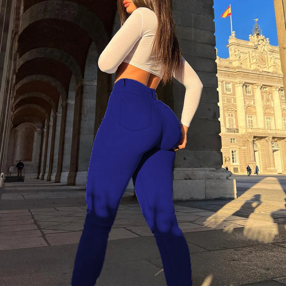 Women's Jeans Mid Waist Stretch Skinny Denim Pants 2023 Blue Retro Washed Elastic Slim Pencil Trousers