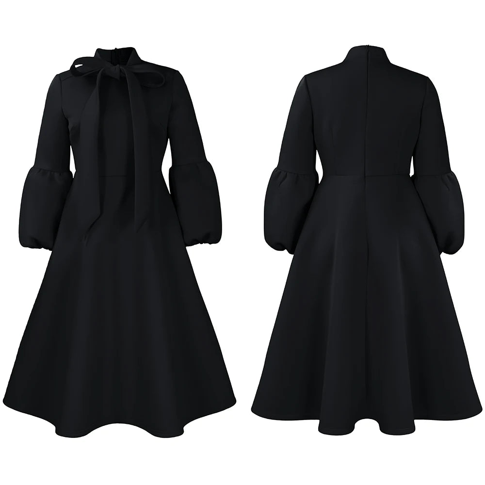 Elegant Dresses for Women Bow Collar Full Sleeve High Waisted A Line Mid Calf Luxury Female Birthday Party Dinner Vestidos Mujer