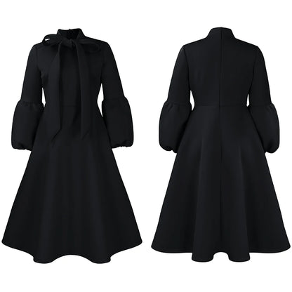 Elegant Dresses for Women Bow Collar Full Sleeve High Waisted A Line Mid Calf Luxury Female Birthday Party Dinner Vestidos Mujer