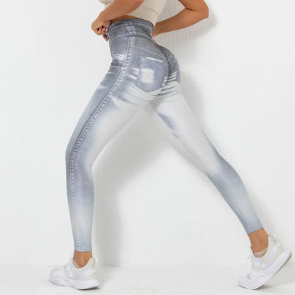 Push Up Yoga Pants Women Fitness Leggings Imitation Jeans Patchwrok Scrunch Tights High Waist Leggings Gym Workout Sport Leggins