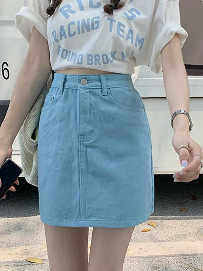 JMPRS Sweet Pink Women Denim Skirts High Waist Student A Line Korean Solid Mini Skirt Causal Summer Vintage Ladies Jeans Skirt