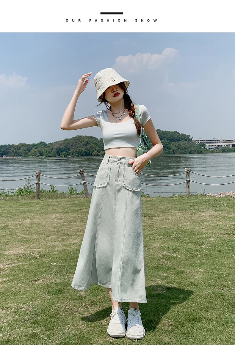 Apricot Denim Skirt Summer Women's 2024 New High Waist Slim Fashion Design Pocket Hip A-line Ankle-length Jean Skirt