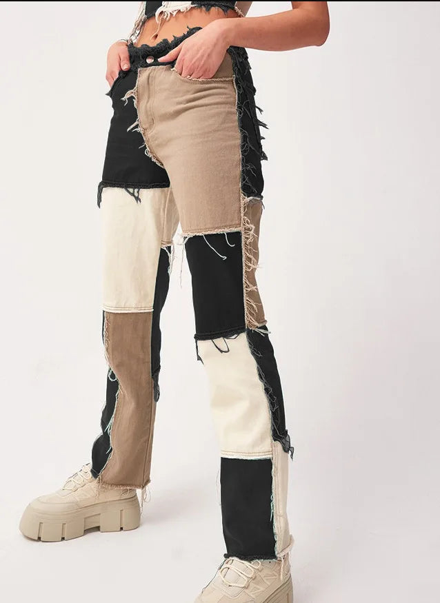 2025 Hot Sale Mixed Color Patchwork Jeans For Women Fashion High Stretch Denim Straight Pants Street Hipster Trousers XS-2XL