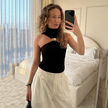 Women Fashion Sexy Tank Top Turtleneck Sleeveless Off-Shoulder Pullover Y2K Vest Summer Hanging Neck Cropped Tops Party Street
