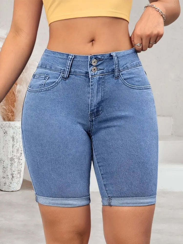 Blue elastic double-breasted fashion shorts jeans women's jeans