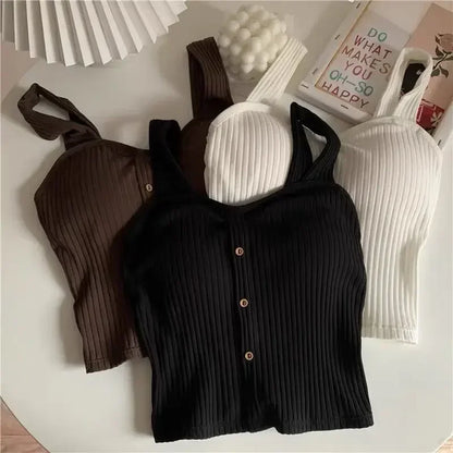 2025 Women's Cropped Tops with Bra Pads Summer Corset Korean Suspenders Vest Sexy Camisole Slim