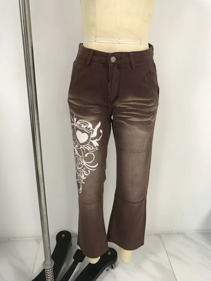 Women's Denim Trousers 2025 Autumn Winter Latest Irregular Print Loose Pants Low Waist Pleats Washed Worn Multi Colored Jeans