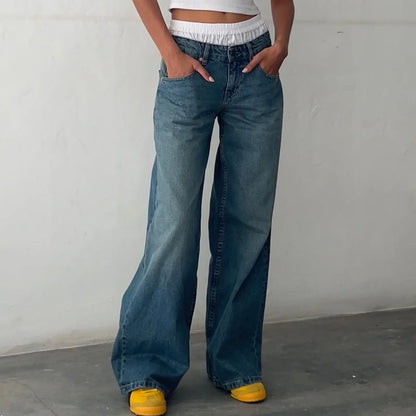Retro Washed Jeans Women'S Design Sense Mid Waisted Straight-Leg Pants Loose Wide-Leg Mopping Pants Jeans Pants For Woman Jean