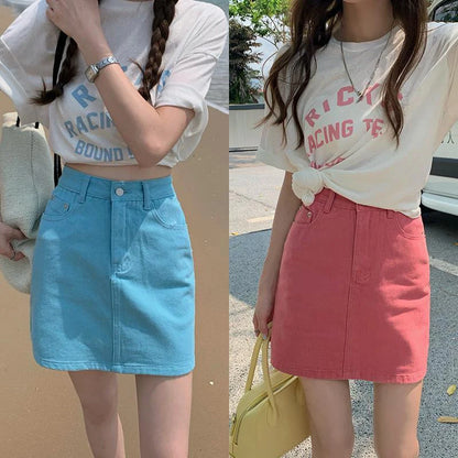 JMPRS Sweet Pink Women Denim Skirts High Waist Student A Line Korean Solid Mini Skirt Causal Summer Vintage Ladies Jeans Skirt