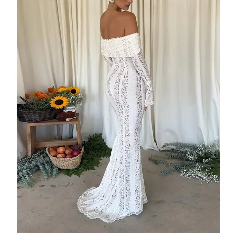 Women's Dresses New Sexy One-word Shoulder Lace Temperament Tube Top Long Dress Slim Fishtail Dress for Women