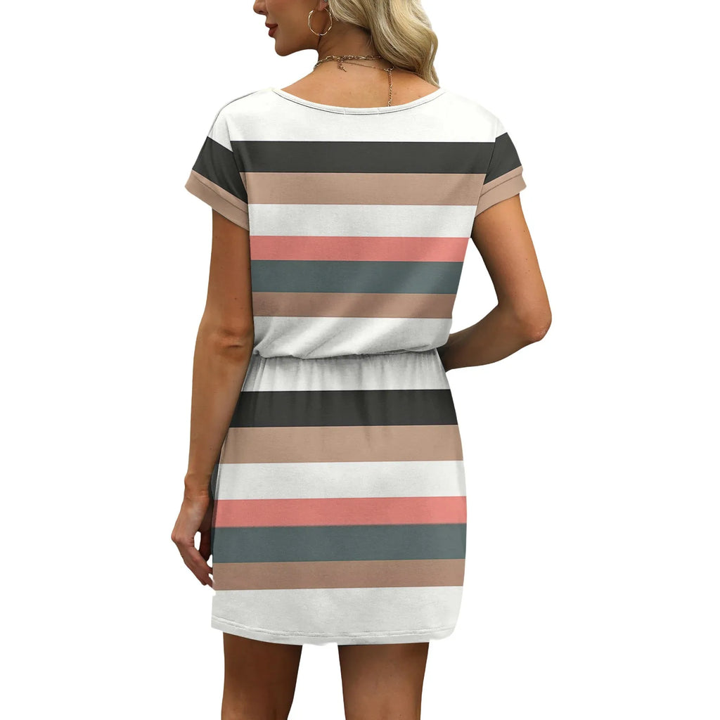 Summer Dresses for Women 2025 V Neck T Shirt Casual Mini Dresses Tie Waist Sundresses with Pockets Women's Short Sleeve Dresses
