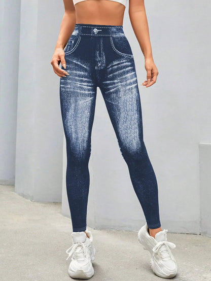 Women Imitation Jeans Leggings Gym Yoga Pants Casual Elastic Workout Exercise Fitness Running Tights Leggings