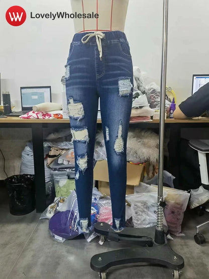 LW Women's Ripped Jeans 2024 Autumn Skinny Denim Pant Woman Fashion Drawstring Stretch Boyfriend Destroyed Pencil Jeans Female