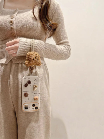 Cute Bear Coffee Phone Case, for IPhone 11 15 14 13 12 Pro Max 15Pro 14Pro Shockproof Silicone Cover ,with Lanyard Full Cases