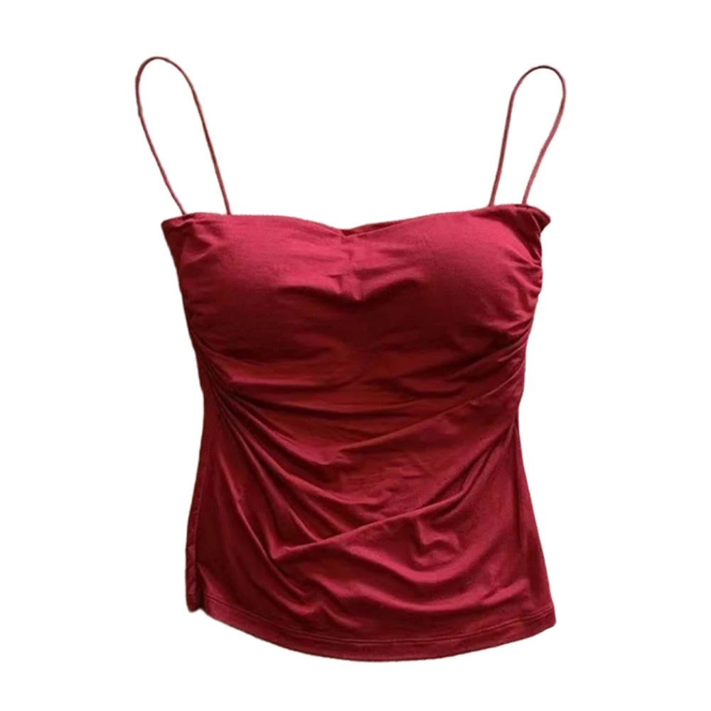 Sleeveless Tees Tank Tops For Women Camisole Vest Cropped Top Slim Fit Solid Color Spaghetti Strap Built In Bra Women Clothes