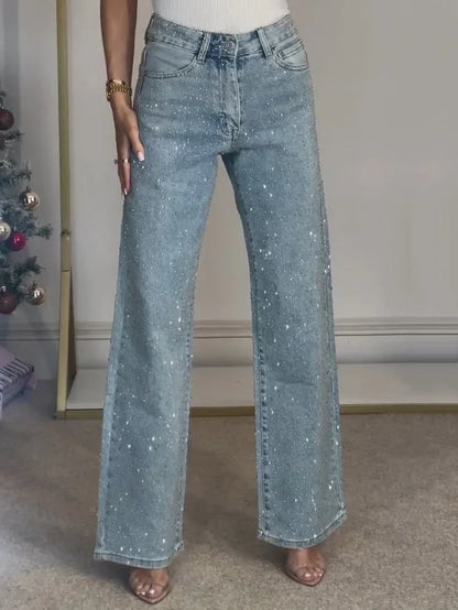 Jeans for Women Straight Diamonds Pants Stretch High Waist Washed Mom Jeans Vintage Denims Streetwear Y2k Streetwear Trousers