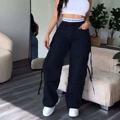 Jeans Women 2024 Fashion Loose Straight Leg Denim Pants Multiple Pockets Streetwear Bagyy Jean Casual Length Trousers Plus Size