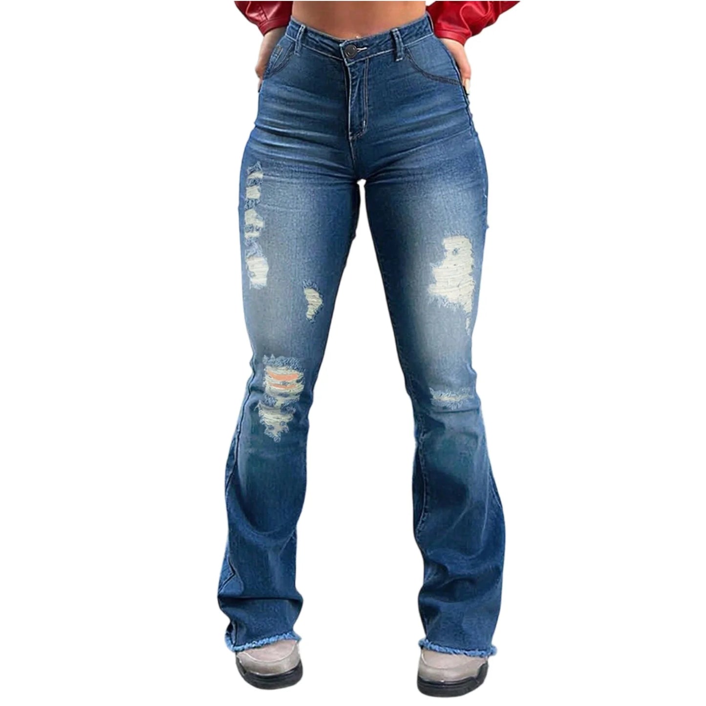 2025 New Spring Women's Ripped Jeans Cotton Slim High Waist Solid Color Sexy Denim Pants Fashion Street Flared Pants