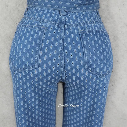 New African girly jeans ripped jeans womens three-piece denim jacket women slit wide leg slit trousers jeans uomo