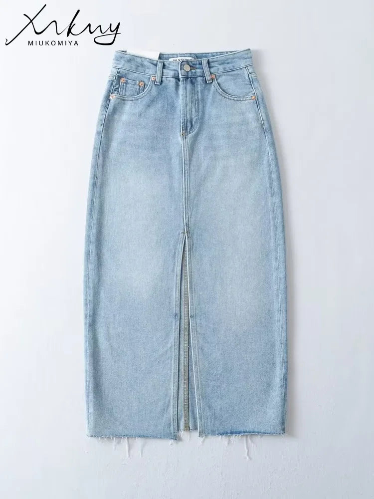 MiuKoMiYa Long Denim Skirts For Women Maxi Spring 2025 Black Front Slit Jean Skirts Womens Long Streetwear Blue Skirt Denim Maxi