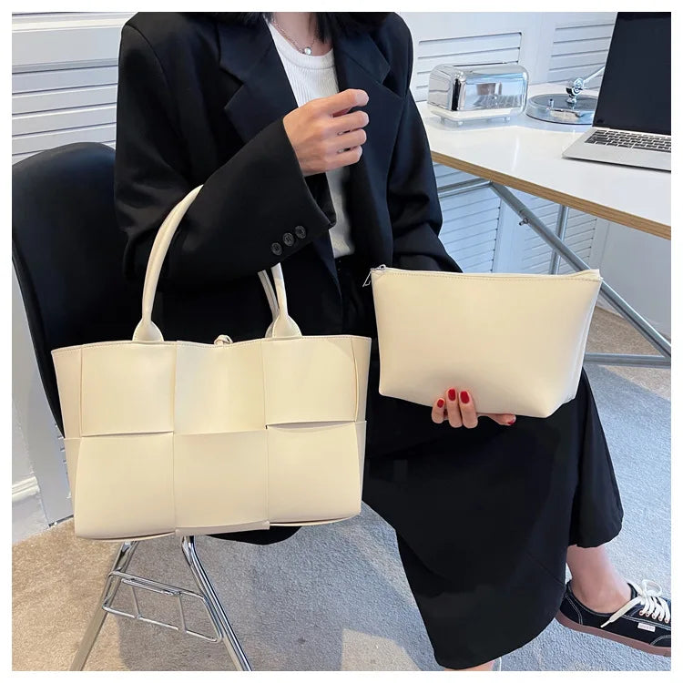 Large Capacity Handbags for Women 2022 Fashion Leather Woven Tote Bags Designer Solid Color Lacing Plaid PU Shoulder Bags