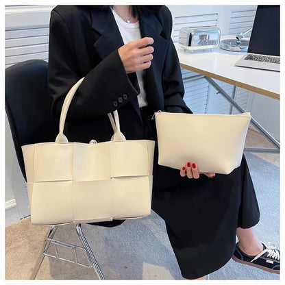 Large Capacity Handbags for Women 2022 Fashion Leather Woven Tote Bags Designer Solid Color Lacing Plaid PU Shoulder Bags