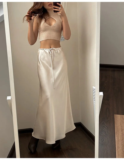 Long Black Satin Skirts Women For Work Summer Autumn Straight Brown Skirt Long Belt Coffee Formal Silk Maxi Skirt For Ladies