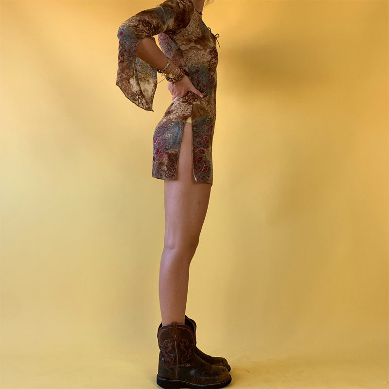 Fall Dresses For Women 2023 Y2k Club Dress Tie Up Vintage Print Flare Long Sleeve Slit  Grunge Mini Dress