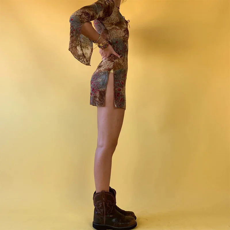 Fall Dresses For Women 2023 Y2k Club Dress Tie Up Vintage Print Flare Long Sleeve Slit  Grunge Mini Dress